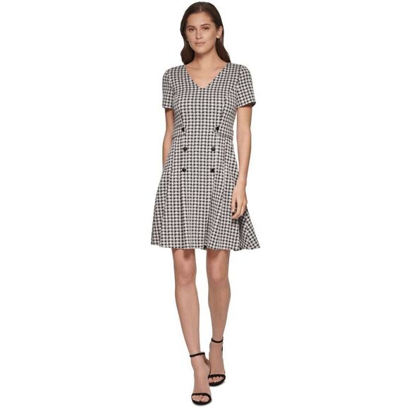 DKNY Women's Petite V-Neck Button-Trim Gingham Check Dress - Black Ivory 2P - Picture 1 of 5